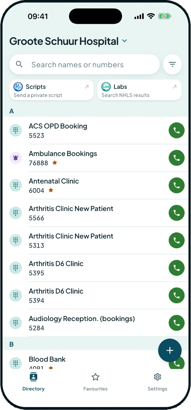 Fona showing the Groote Schuur Hospital directory, listed A to Z, with a call button beside each extension.