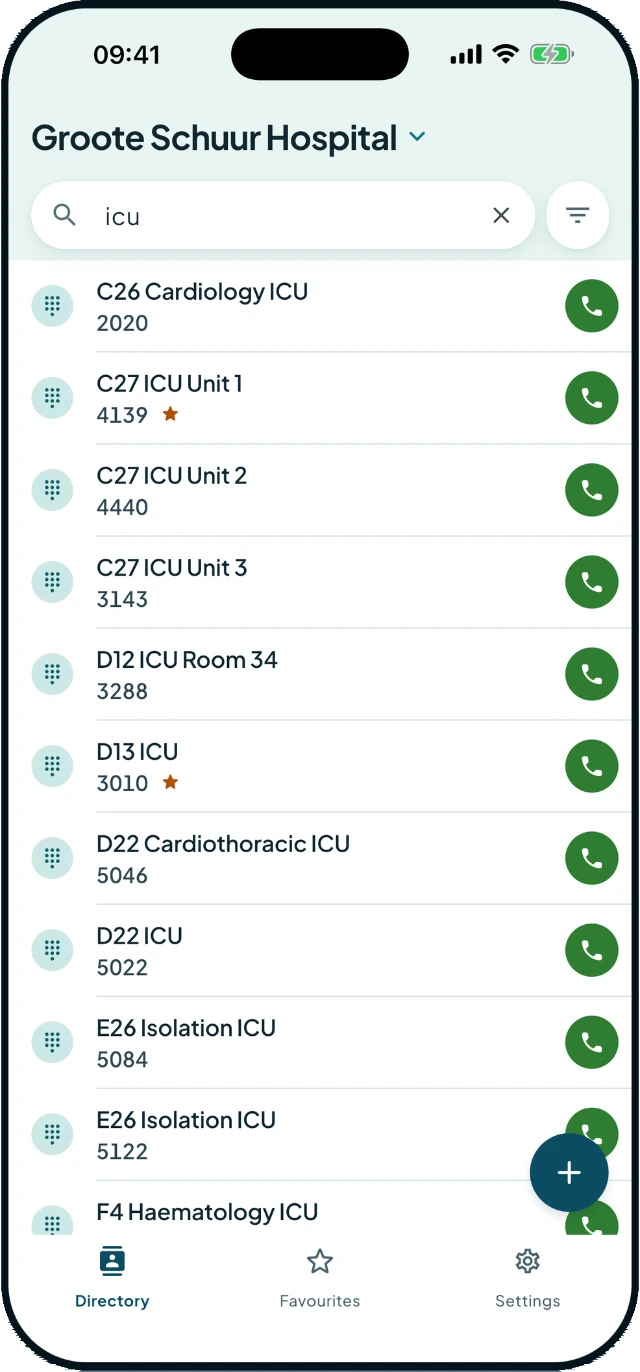Fona filtering the directory to intensive care units as the word “icu” is typed into the search box.