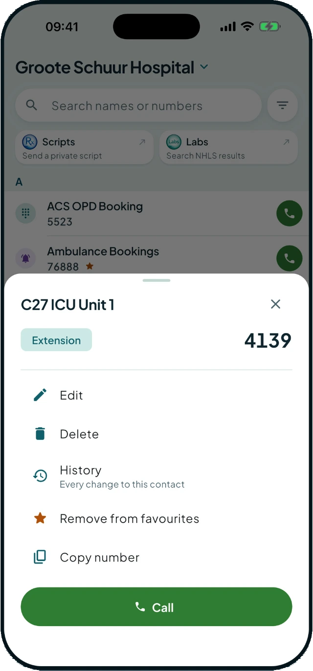 A Fona contact sheet for C27 ICU Unit 1, showing extension 4139 with edit, delete, history and call actions.
