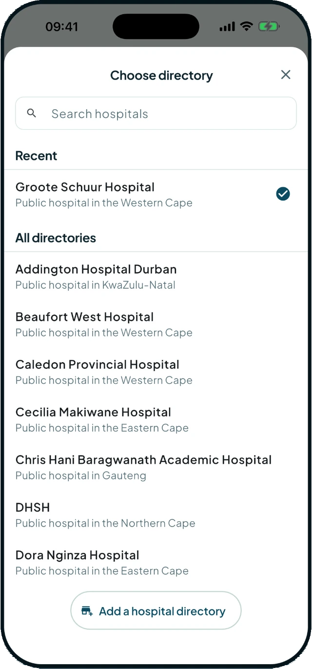 Fona's directory picker, listing hospitals across South Africa with a button to add a new hospital directory.