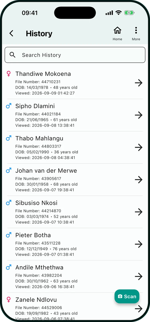 Labs Pro's history screen, listing the patients looked up during the shift with the time each was viewed.
