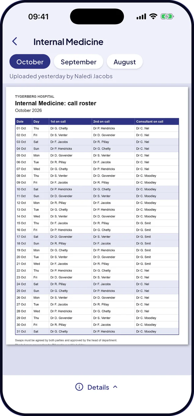 Rota displaying the Internal Medicine call roster for October 2026 as a full page.