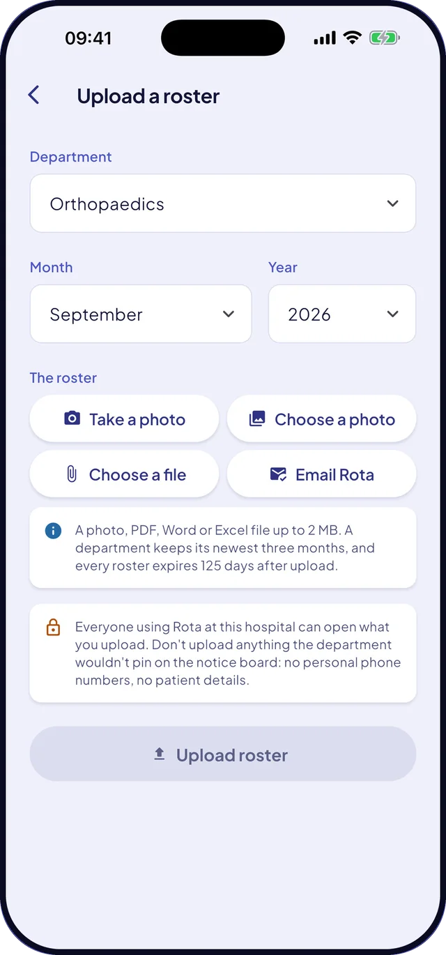 Rota's Upload a roster screen, with Orthopaedics and September 2026 chosen and buttons to take a photo, choose a photo, choose a file or email the roster to Rota.
