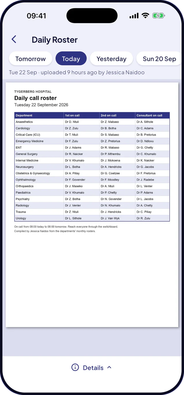 Rota's Daily Roster screen showing today's hospital-wide call sheet, with tabs for tomorrow, yesterday and the day before.