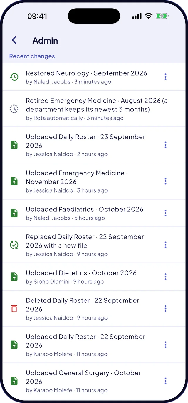Rota's Admin screen listing recent changes at a hospital: rosters uploaded, replaced, deleted and restored, each with the name of the person and the time.