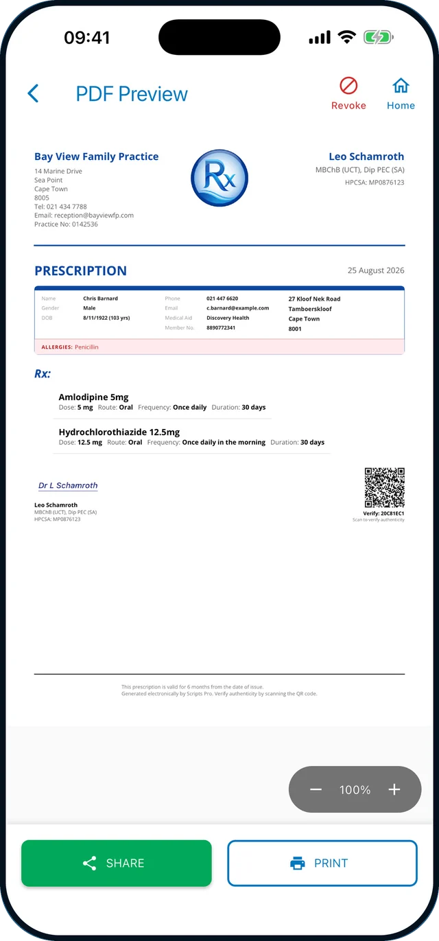 A finished Scripts Pro prescription PDF on the practice letterhead, signed, with a QR code for verification.