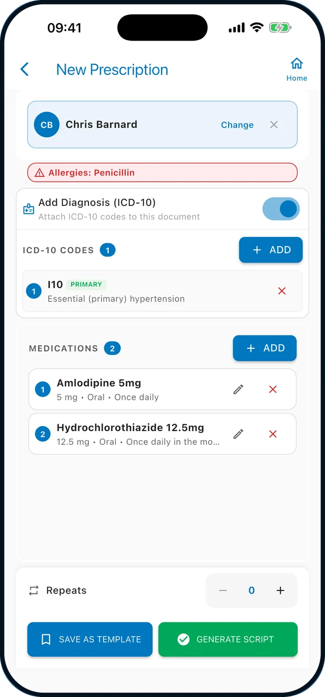 Scripts Pro composing a new prescription, with a penicillin allergy flagged in red above the medication list.