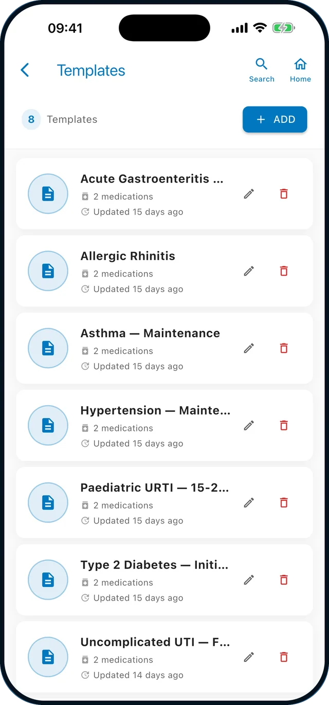 Scripts Pro's template list, showing saved prescriptions for common presentations with the number of medications in each.