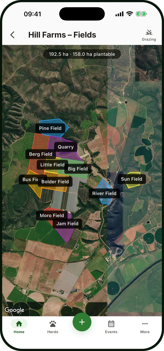 Stockman showing the fields of Hill Farms drawn on satellite imagery, each one named and measured in hectares.