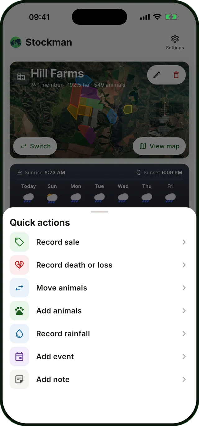 Stockman's quick actions sheet, listing record sale, record death or loss, move animals, add animals and record rainfall.